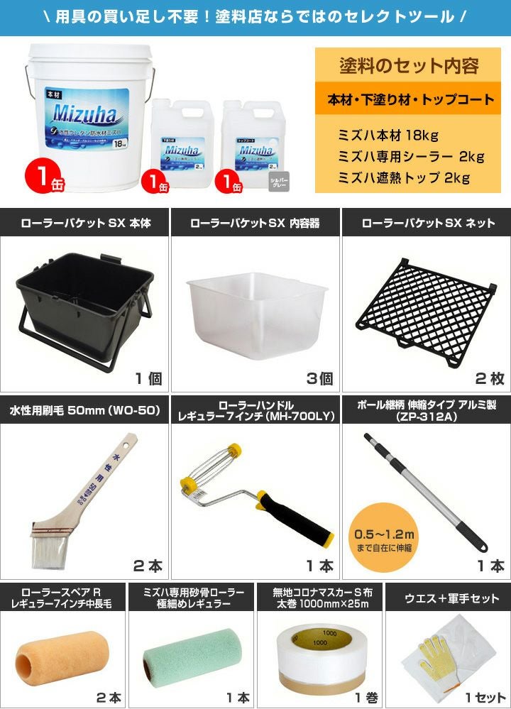 EF水性ウレタン防水材ミズハ 22kg（10m2用）＋塗装用具セット(ブルー