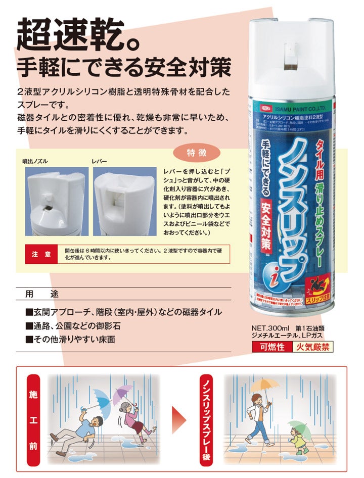 磁器タイル用すべり止めスプレー　ノンスリップｉ　300ml×6本（イサム塗料/滑り止め塗料/油性/ペイント） 